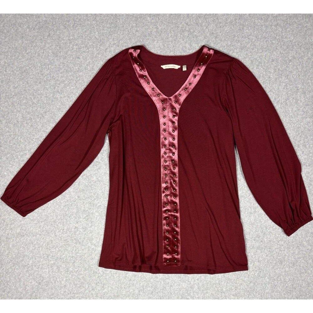 Soft Surroundings Women Red Burgundy Velvet Trim Studded Tunic Casual Flowy Sz L